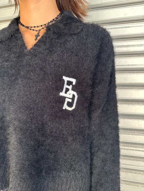 ロゴ刺繍シャギーニットトップス
